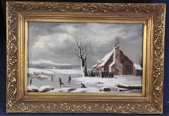 Joseph Francis Gilbert (1792-1855) Skaters in a winter landscape 10 x 16in.